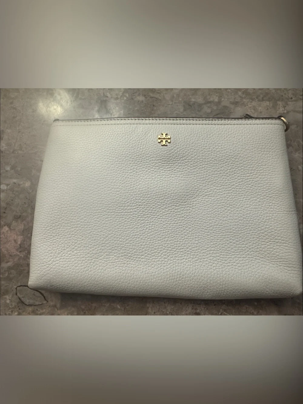 Tory Burch Pebbled Leather Clutch in Cream/White with Gold Logo